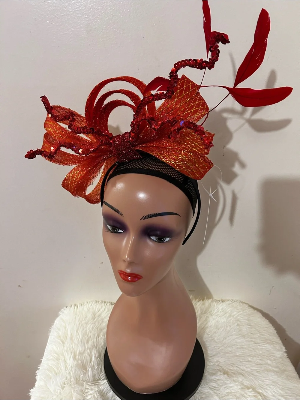 Red Feather and Mesh Fascinator Headpiece